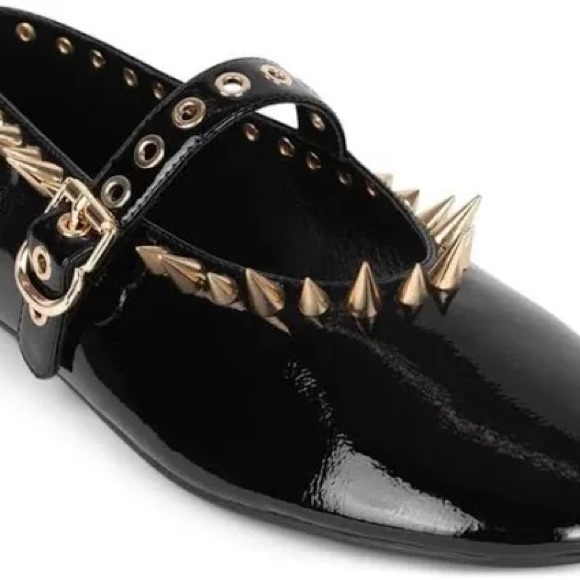 Jeffrey Campbell Black Patent Leather Flats with Gold Spikes - Picture 1 of 9